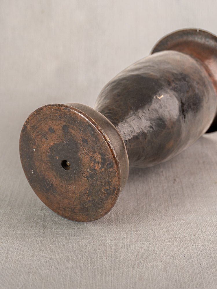 Antique French Trench Art Vase from 1917 shell casing, tarnished metal with marked base.