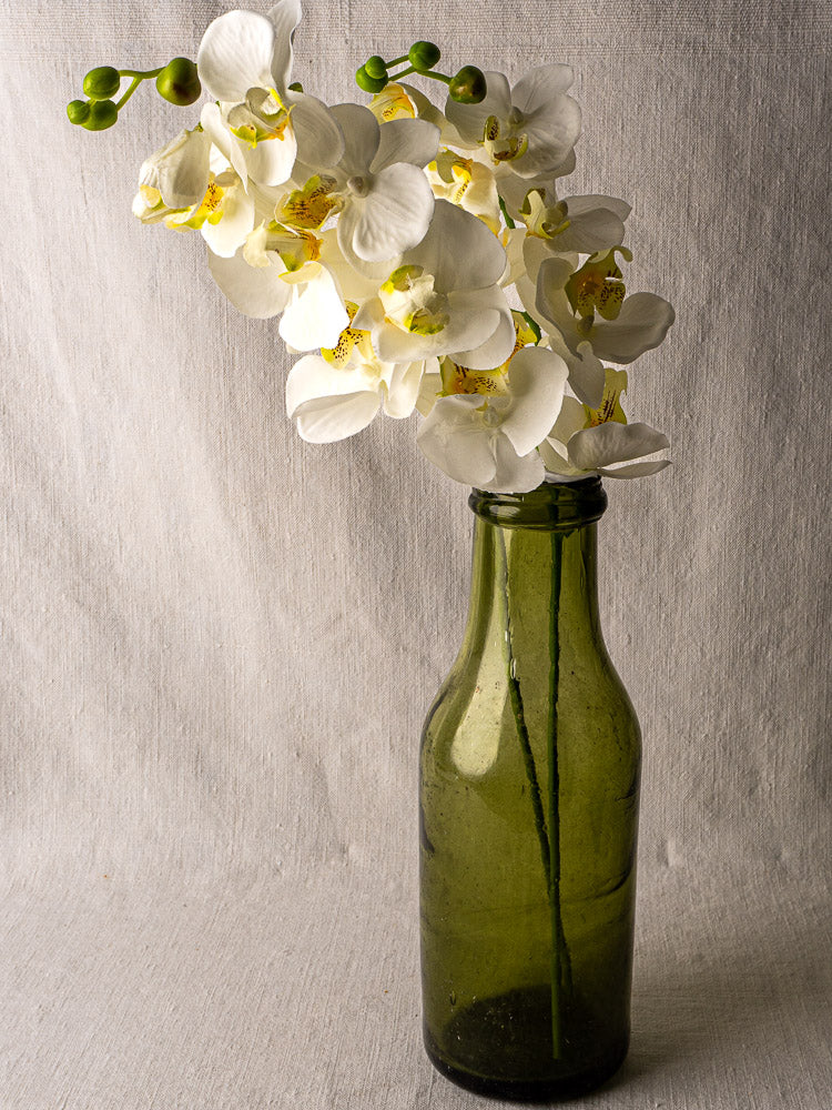 Antique French olive green glass truffle bottle with short neck on textured surface, light background.