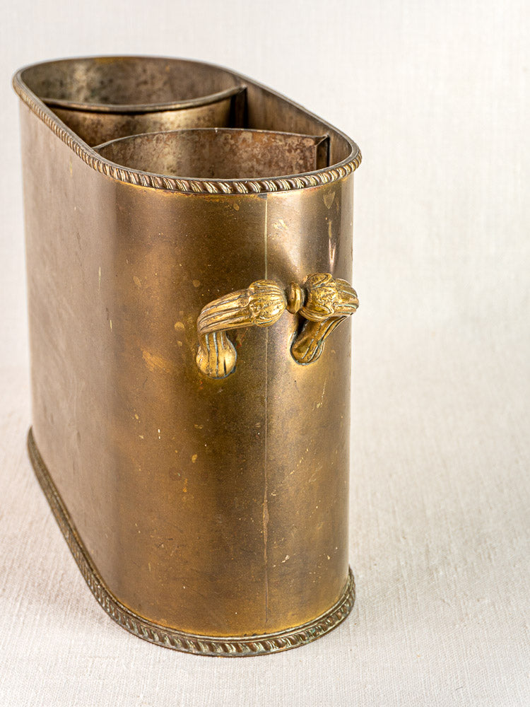 Antique French brass double champagne cooler with rope detailing, two compartments, and ornate handles.