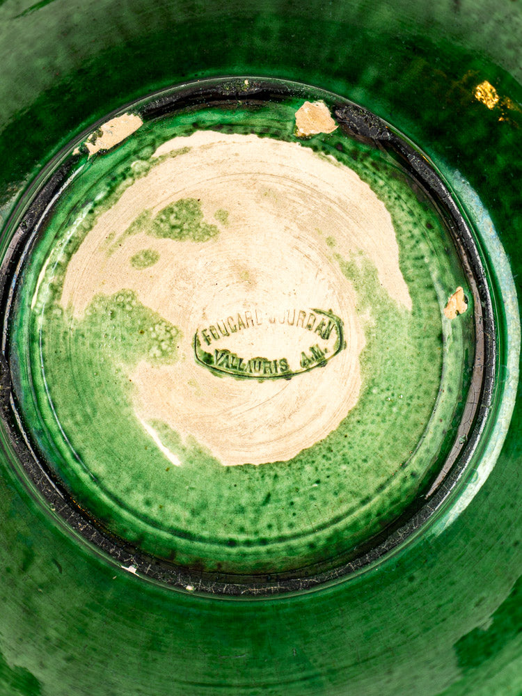 French Vallauris bowl base with Foucard-Jourdan green glaze and oval maker’s mark, early 20th century pottery.