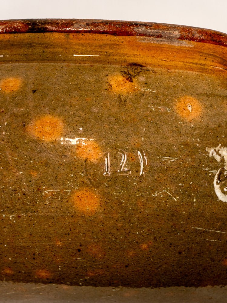 Vallauris Jaspé Poêlon, antique French terracotta pan with rustic brown and orange ceramic glaze, number 121.