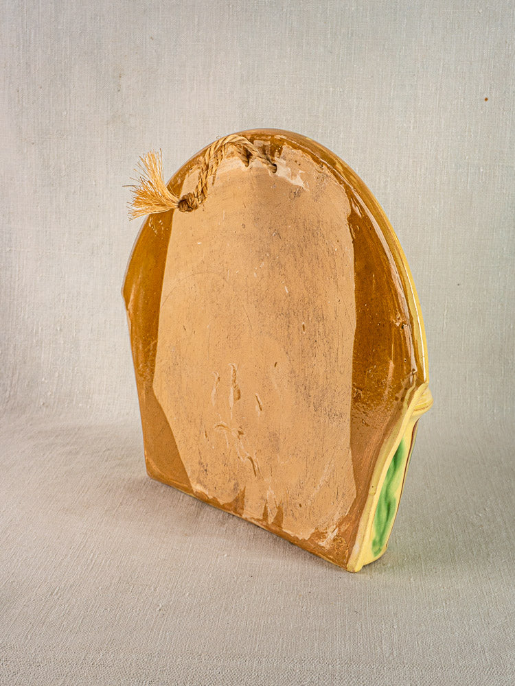Vintage French Cliousclat terre vernissée cutlery holder with brown ceramic loaf form and straw tuft.