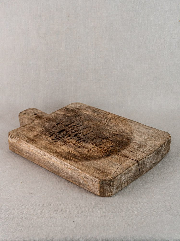 Late 19th century French antique bread board, solid wood, aged patina, cracks, scratches.
