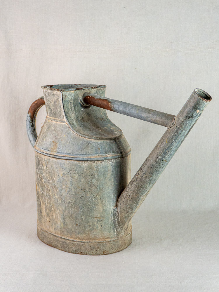 Large antique French zinc market garden watering can with curved handle and long spout on light background.