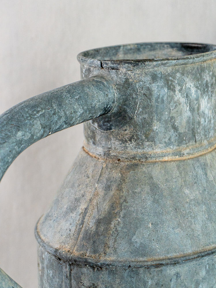 French zinc watering can planter with long spout and curved handle, weathered metal finish.