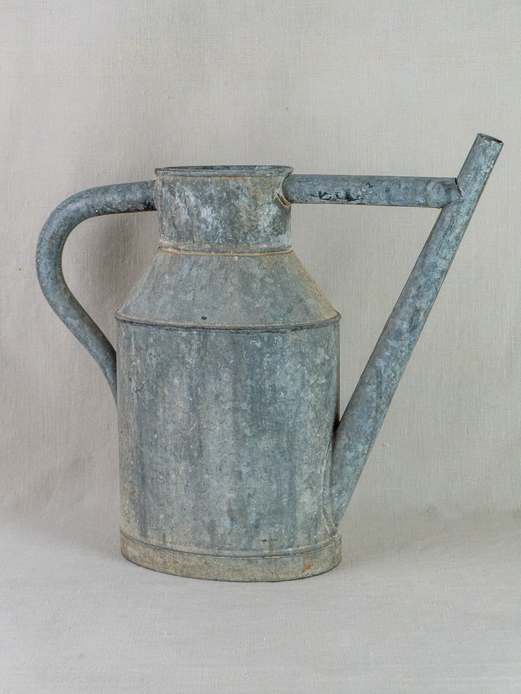 Antique French zinc watering can planter with curved handle and long spout on beige surface.
