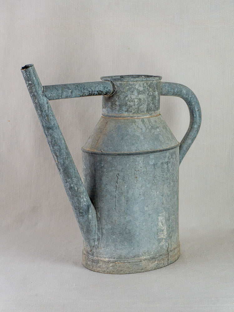 Antique French zinc arrosoir with weathered finish, long spout, and curved handle on light background.