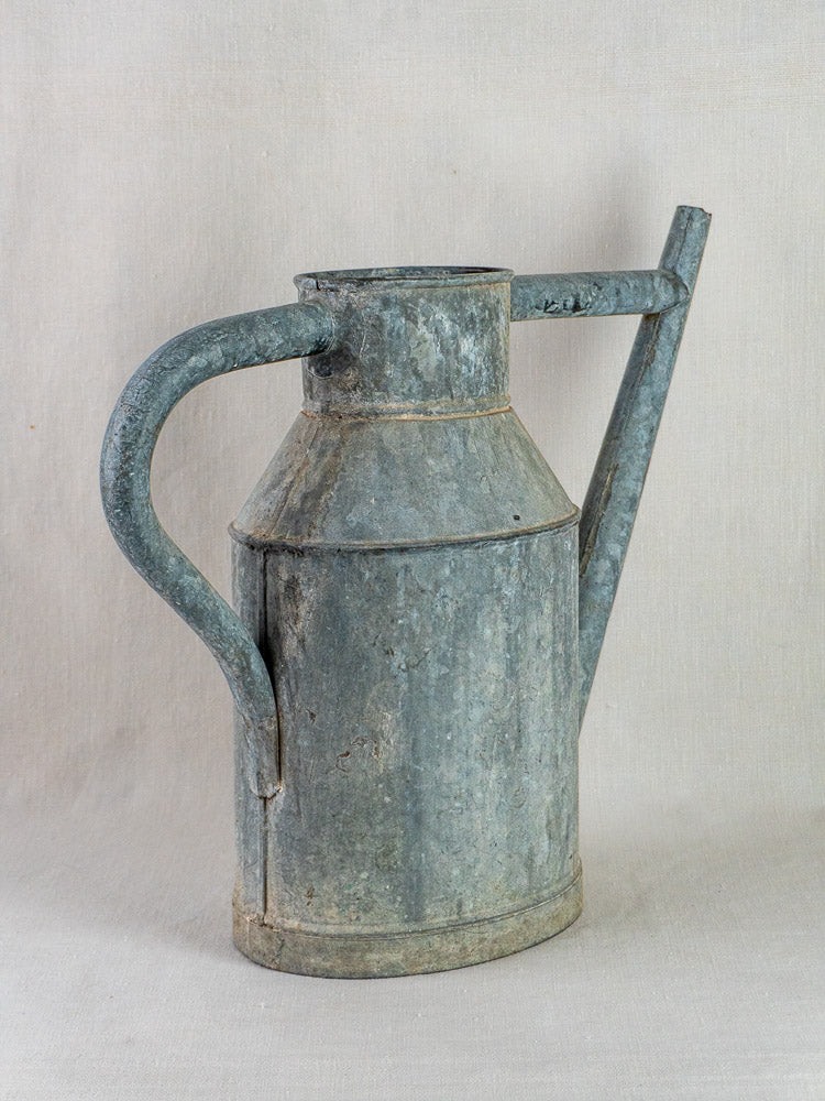 Antique French zinc watering can planter with long angled spout and curved handle on fabric backdrop.