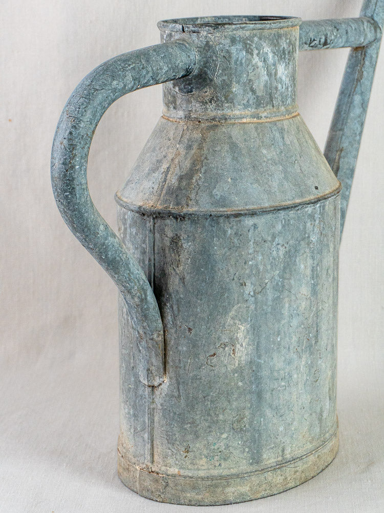 French zinc watering can planter with antique long spout and curved handle, on neutral surface.
