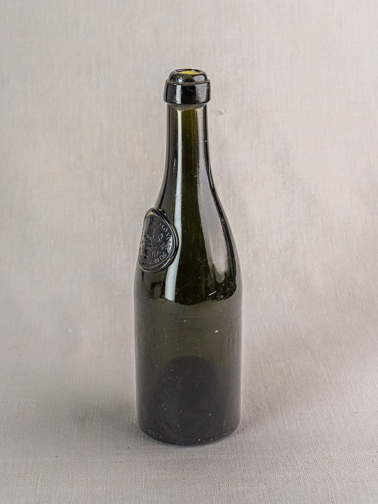 Cappello Verde 1882 antique Italian wine bottle, hand blown dark green glass, sealed top, embossed neck label.