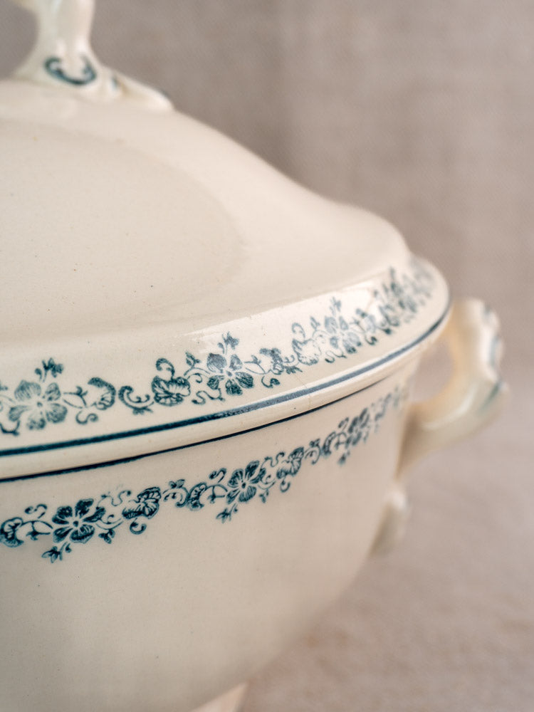 Antique French Longwy ironstone soup tureen with lid, Capucine blue floral transferware, ornate handles.