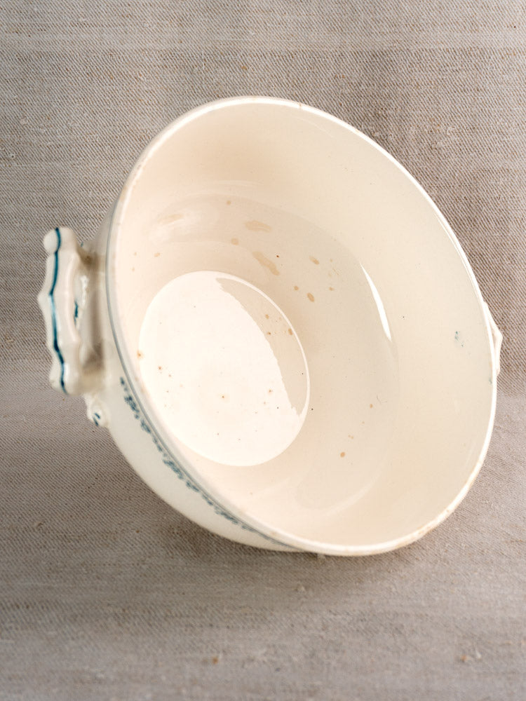 Antique French Longwy ironstone soup tureen with Capucine blue transferware, light brown spots inside.