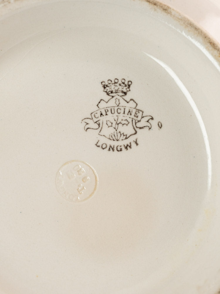 Antique French Longwy ironstone soup tureen base stamped “CAPUCINE LONGWY” and marked “FRANCE 9251.”.