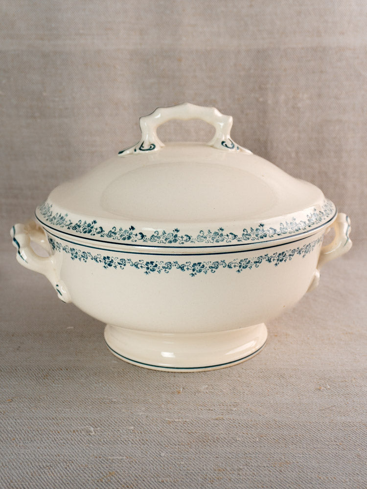 Antique French Longwy Ironstone soup tureen with lid, ornate handles, Capucine blue floral rim.