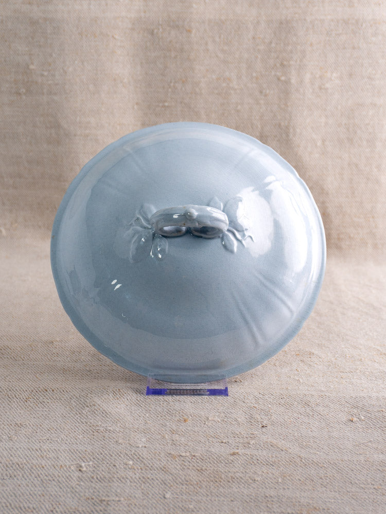 Antique Villeroy & Boch Mettlach tureen with soft blue glaze and crab detail, on clear stand.