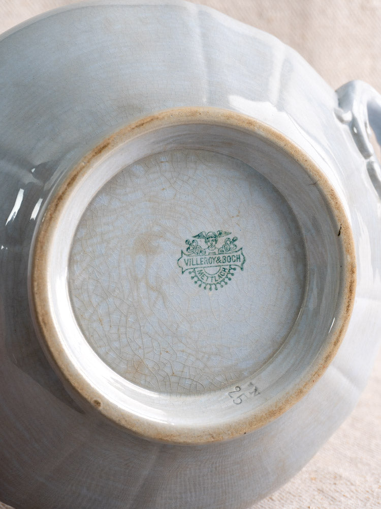 Antique Mettlach Villeroy and Boch tureen base with green mark, faint “52,” glaze crackling, small handles.