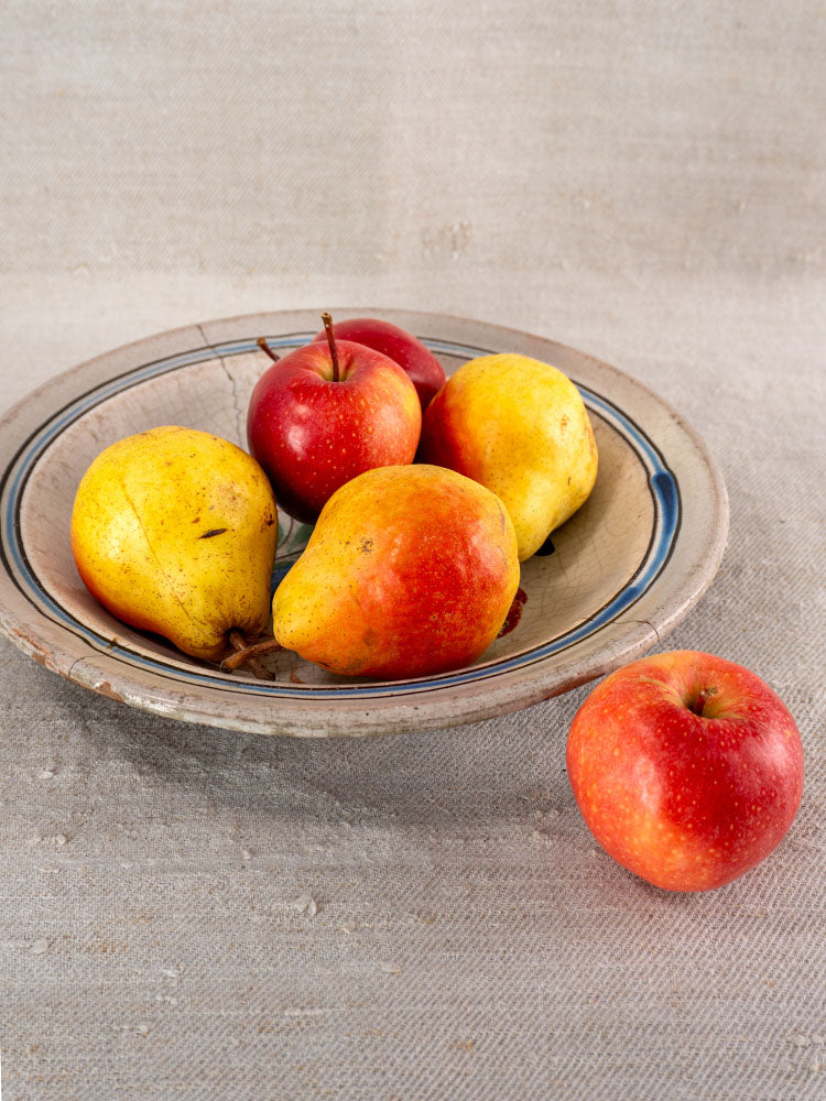 19th-century Forges-les-Eaux French faience plate with yellow-red pears and red apples on a textured beige surface.