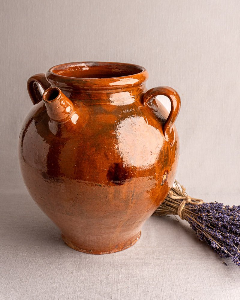 19th-century French terracotta oil jar with brown glaze, two handles, spout, and dried lavender.