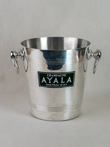 Vintage French aluminum Ayala champagne bucket with side handles and embossed front label detail.