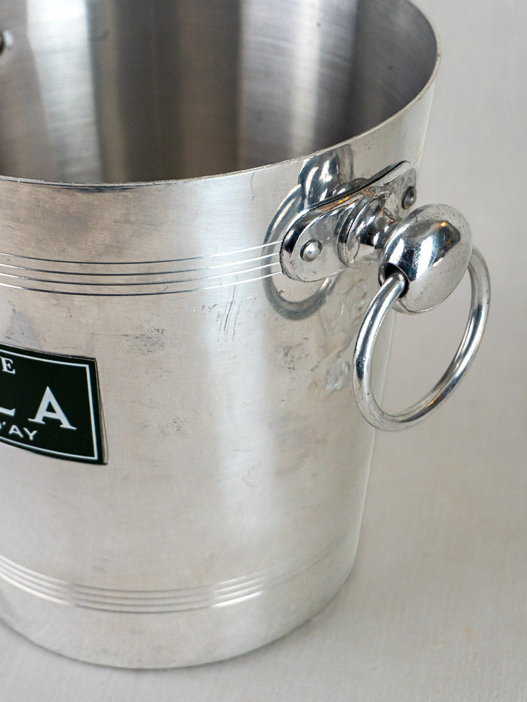 Ayala Champagne Bucket, vintage French Argit aluminum cooler with shiny surface, side handle, and partial classic label.