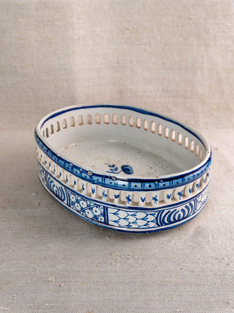 Antique French faience jardinière, Pouplard Béatrix Malicorne, cobalt blue and white ceramic on beige textured fabric.