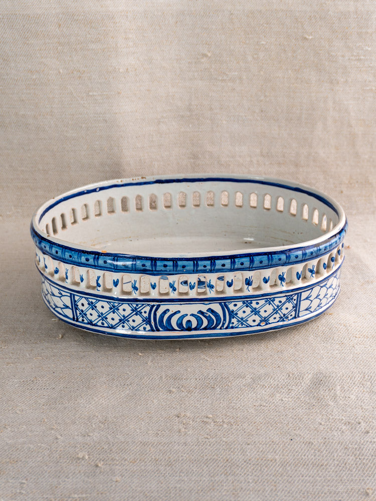 Antique French faience jardinière, oval ceramic by Pouplard Béatrix, cobalt blue glaze, floral motifs, openwork sides.