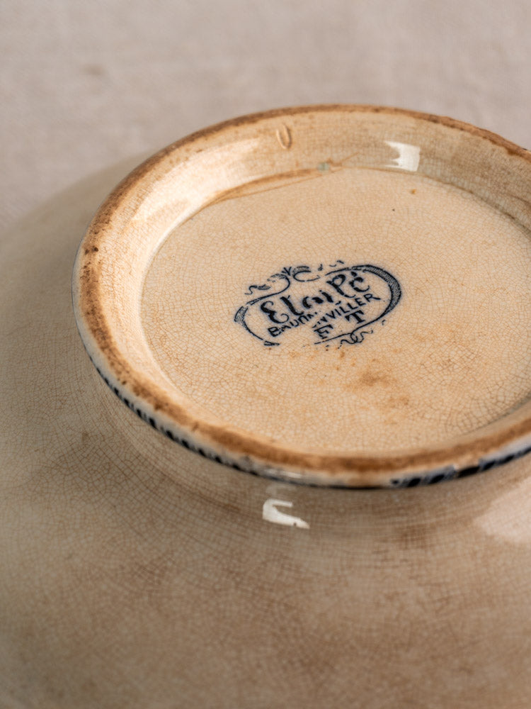 Antique French Badonviller Étoile covered serving dish underside with blue maker’s mark, crackled glaze, worn edges, light stains.