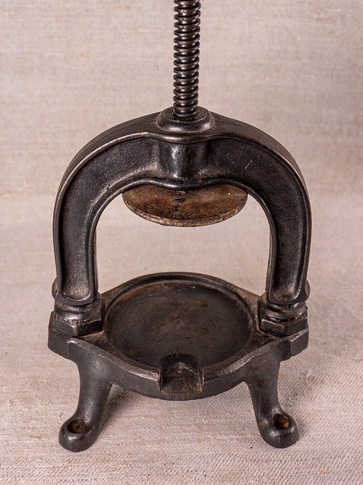 Antique French cast iron and blue enamel fruit press with round plate and screw, circa 1900.
