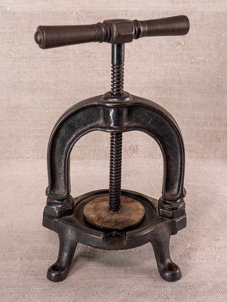 Antique French cast iron fruit press with blue enamel finish and T-shaped handle on beige backdrop.