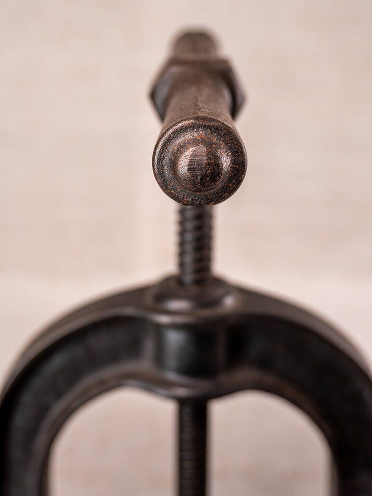 Antique French fruit press in cast iron and blue enamel, threaded screw handle, softly blurred background.