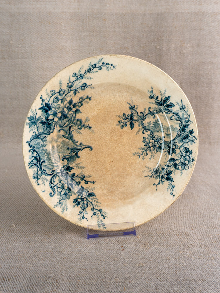 Antique French Boulenger Choisy-le-Roi compote plate, Pompadour pattern with blue florals, aged with discoloration.
