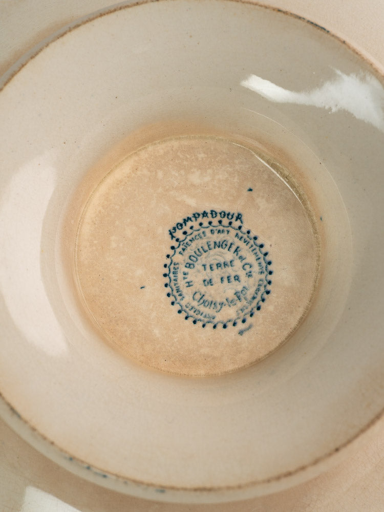 Close-up of Antique French Pompadour Compote Plate, Boulenger Choisy-le-Roi blue maker’s mark with decorative border.