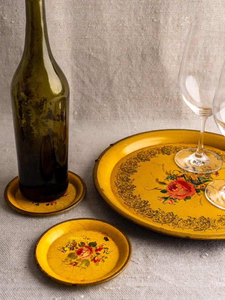 Antique French tole tray set with yellow lacquer, late 19th century, with wine accessories.