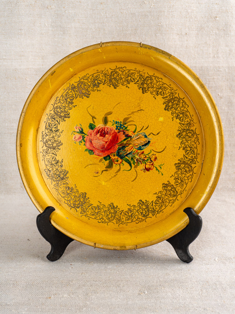 Antique French tole tray, late 19th century, with yellow lacquer, floral motifs, ornate black border.