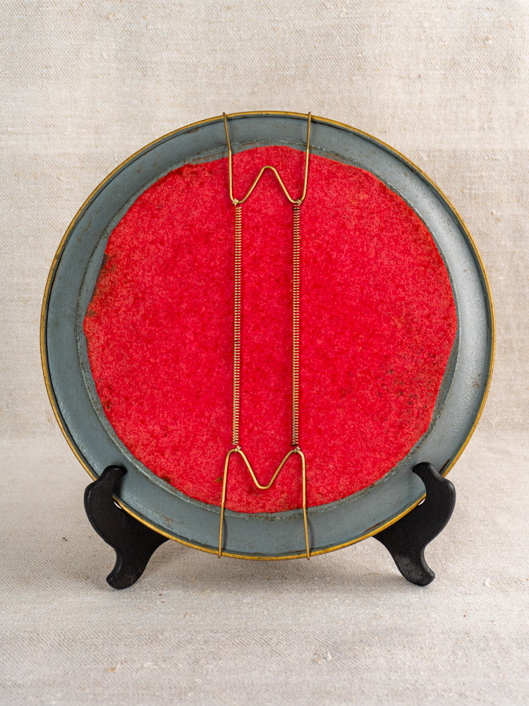 Antique French tole tray, yellow lacquered, late 19th century, with red felt backing and wire hanger.