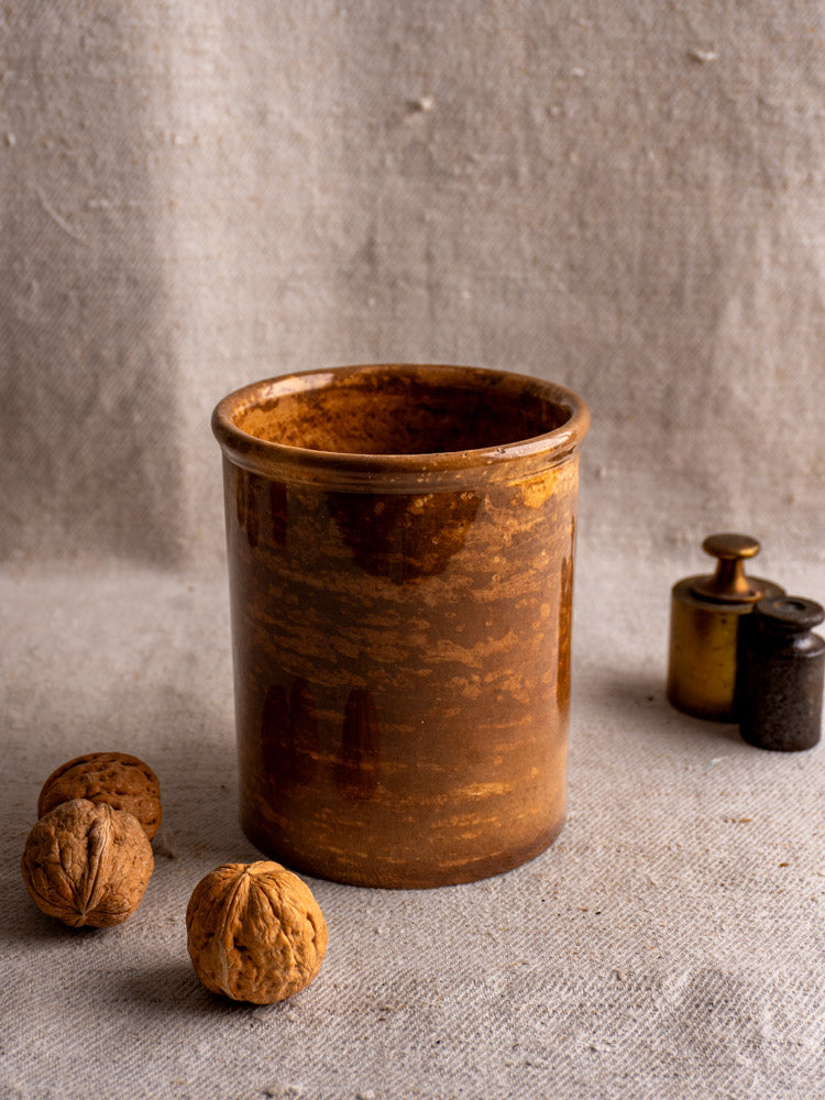 Antique French Creil et Montereau pot à confiture in rich brown glaze with walnuts and metal weights.