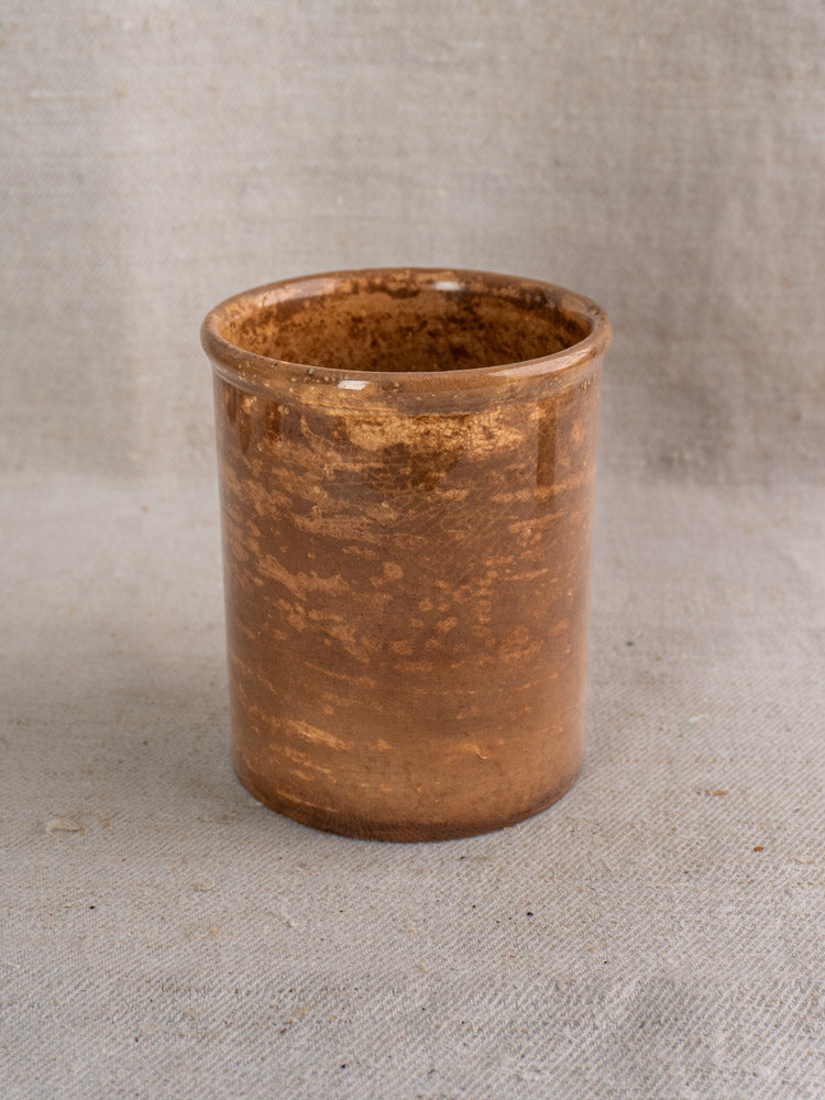 Antique French Creil et Montereau pot à confiture with brown glaze and rustic ceramic finish.