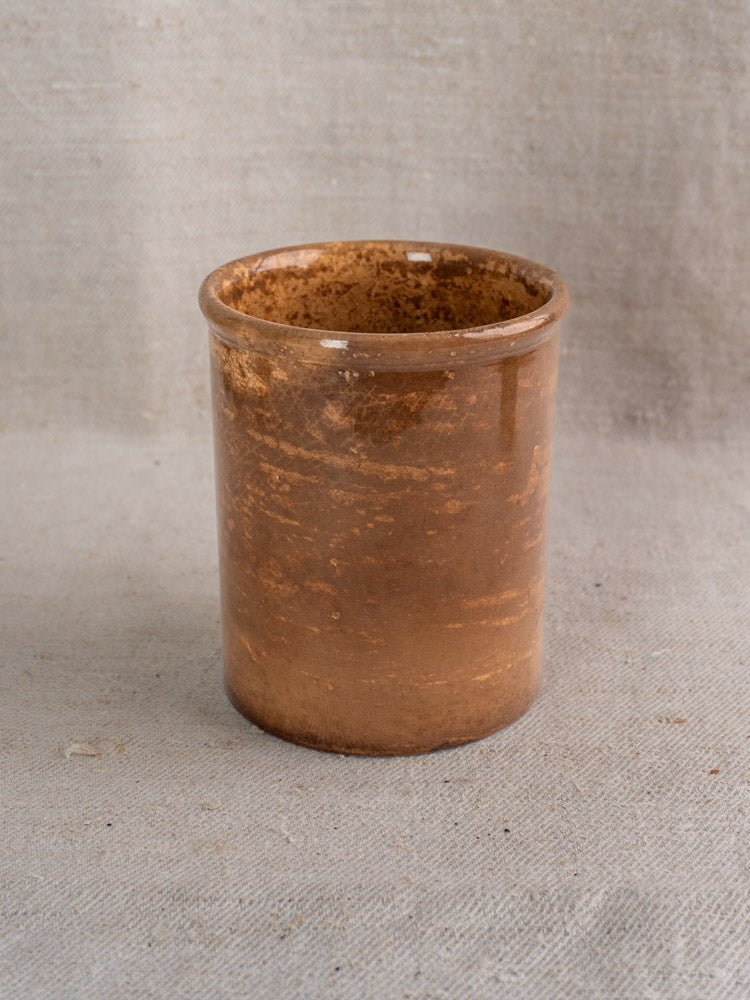 Antique French Creil et Montereau pot à confiture with brown glaze on light textured fabric.