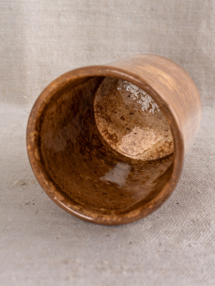 Antique French Creil et Montereau pot à confiture with brown glaze, salt scattered inside.