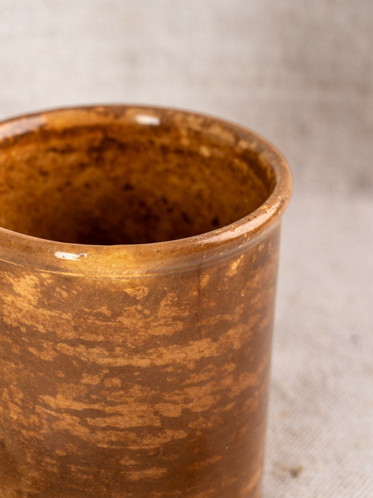 Antique French Pot à Confiture by Creil et Montereau with brown glaze and mottled texture.