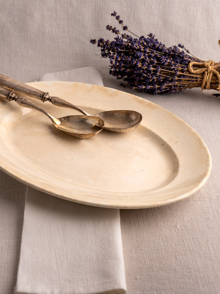Oval ivory vintage French Digoin & Sarreguemines ironstone platter with light discoloration on black stand.