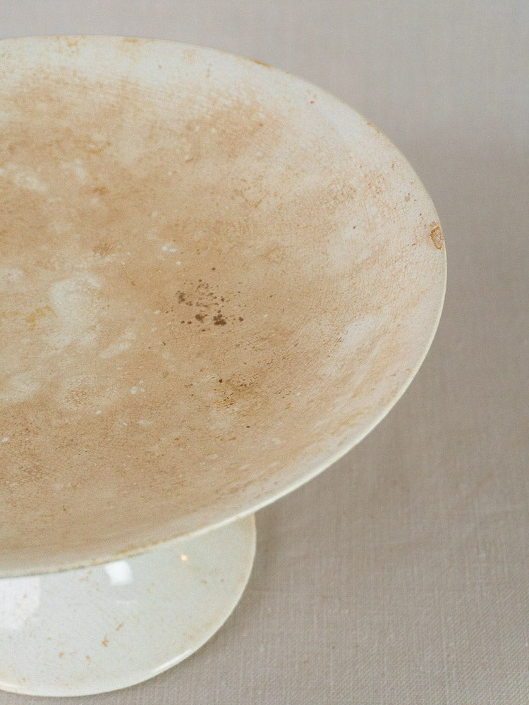 Longwy White Craquelé Compotier, antique French faience pedestal dish with speckled crackle finish.