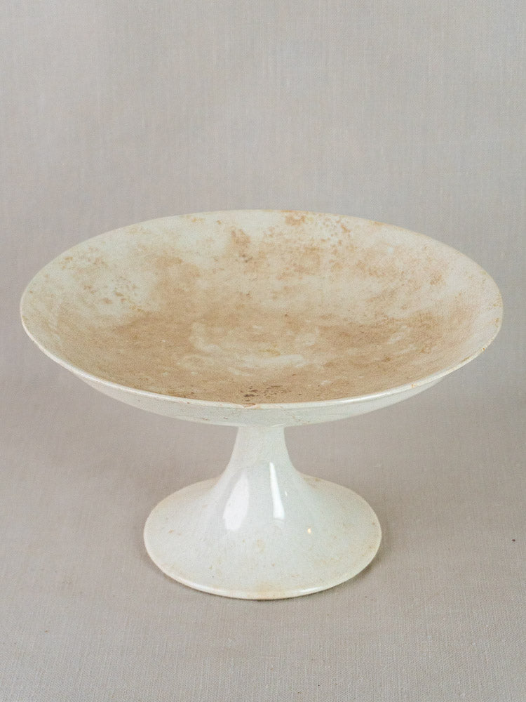 Antique French Longwy White Craquelé faience compotier with wide rim and subtle craquelé finish.