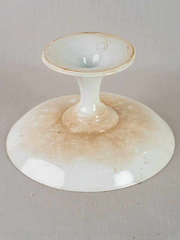 Antique French faience Longwy White Craquelé compotier with pedestal base, subtle wear and discoloration.