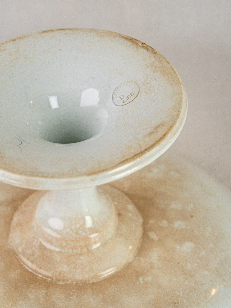 Longwy White Craquelé antique French faience compotier with crackled glaze and maker’s mark inside rim.