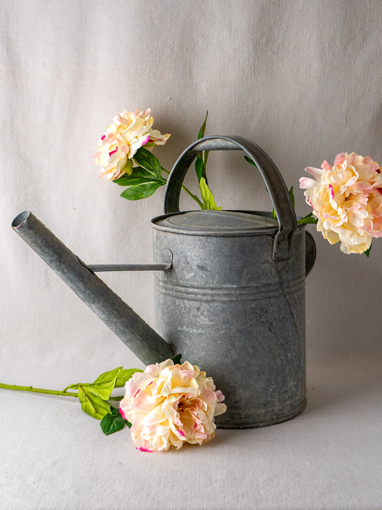 French galvanized zinc watering can with long spout, decorated with pale pink peonies on neutral fabric.