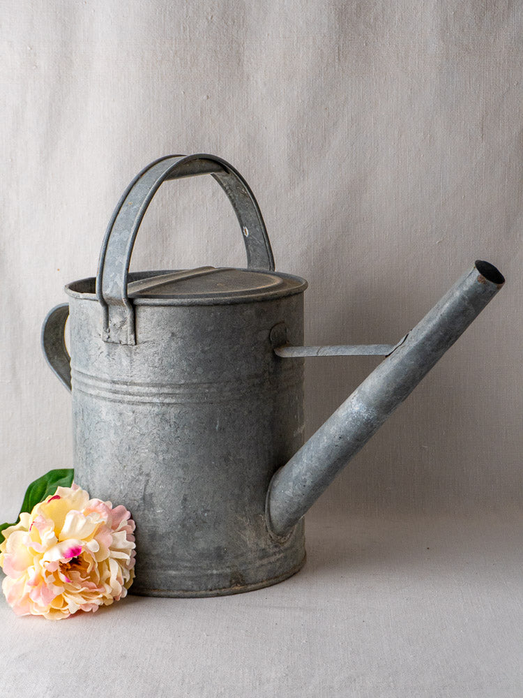 French galvanized zinc long-spout watering can with classic handle, on neutral cloth with pink and yellow faux flower.