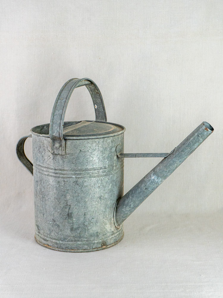 French galvanized zinc long-spout watering can with sturdy handle, set against a light background.