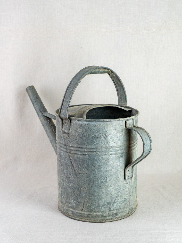 French galvanized zinc long-spout watering can with curved top and side handles on light surface.