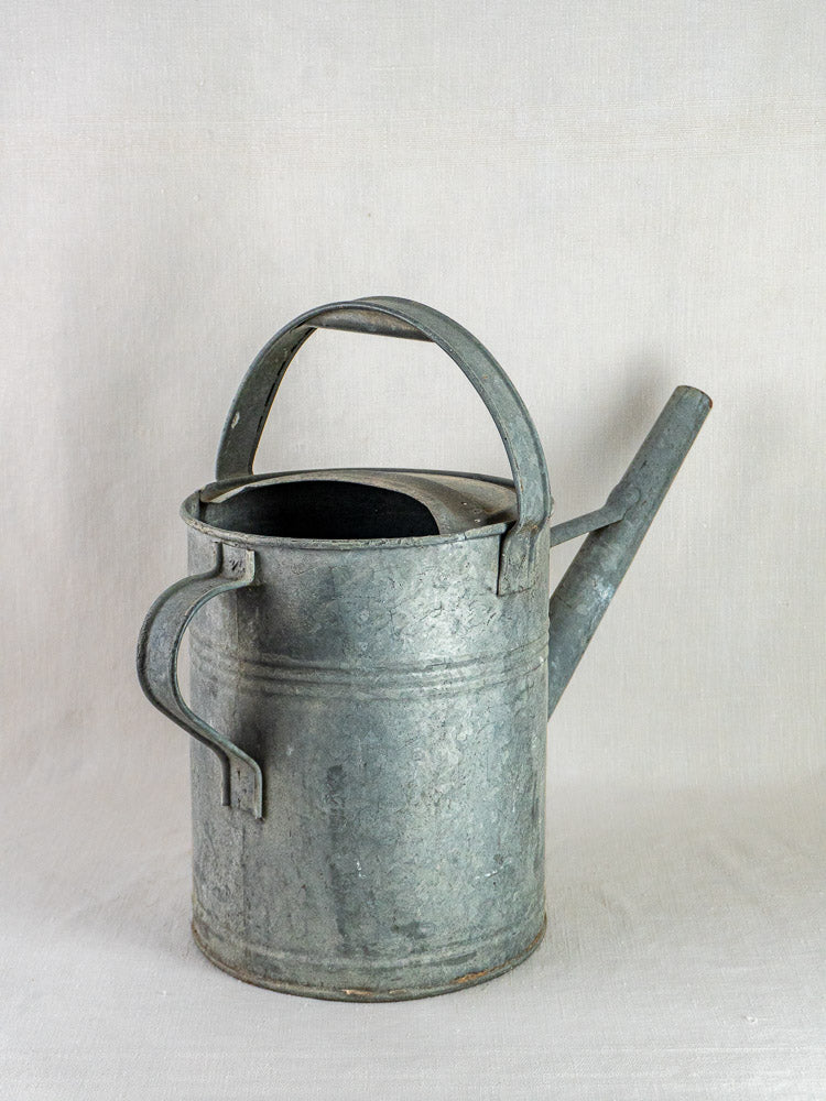 French galvanized zinc long-spout watering can with curved handles, displayed on a light surface.